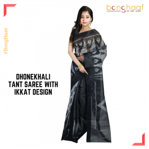 Pure Cotton Dhonekhali Tant saree with Ikkat design in Black