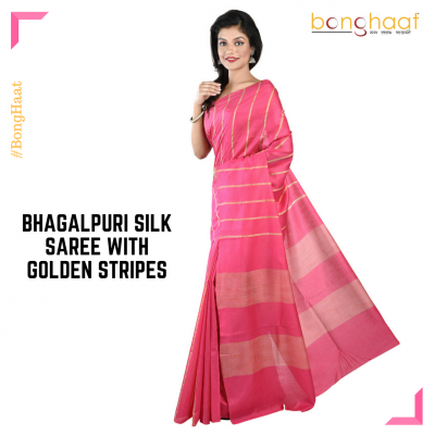 Bhagalpuri Silk Saree in Pink with  Golden stripes